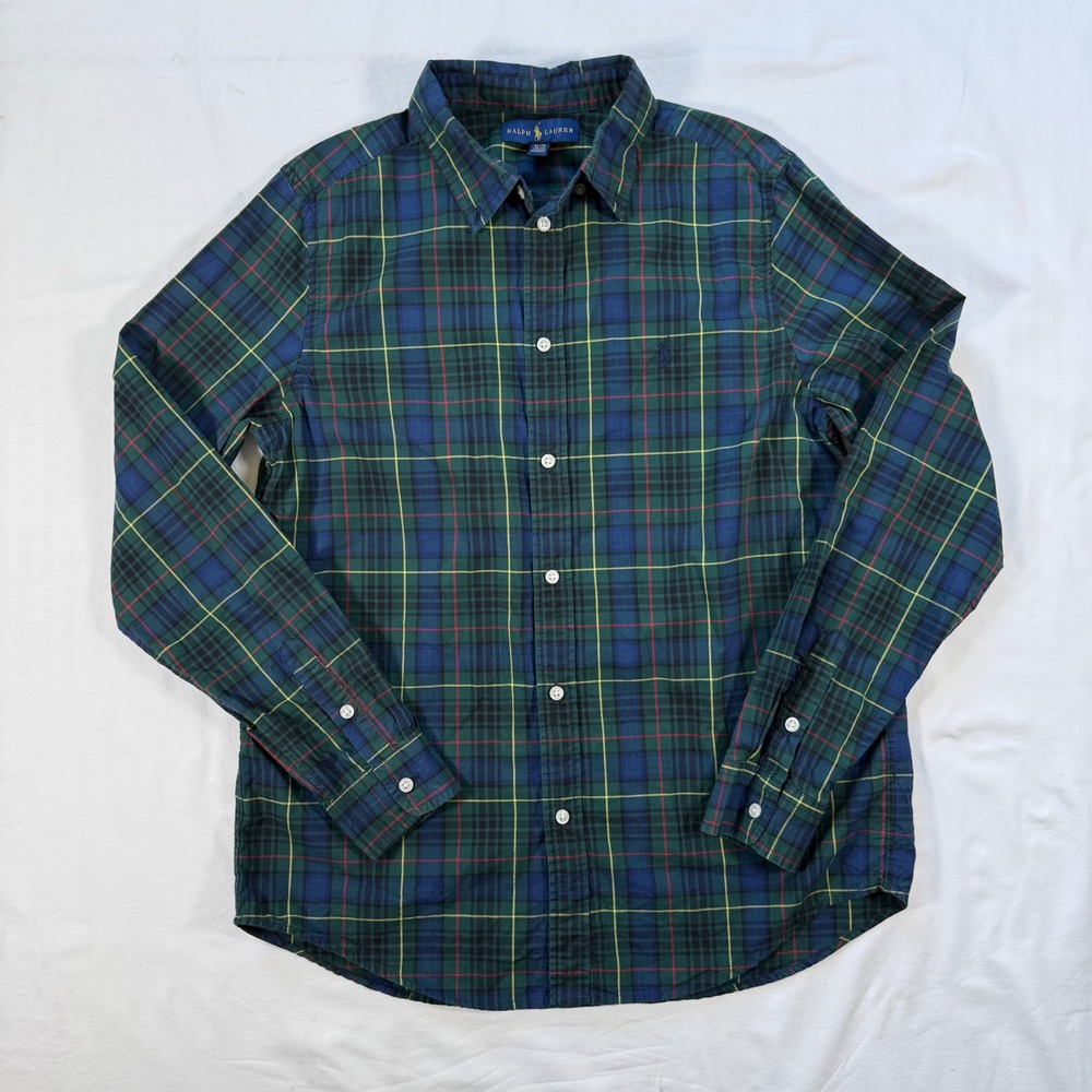 Polo Ralph Lauren Boys XL 18-20 Green Plaid Button Down Shirt Long Sleeve Cotton